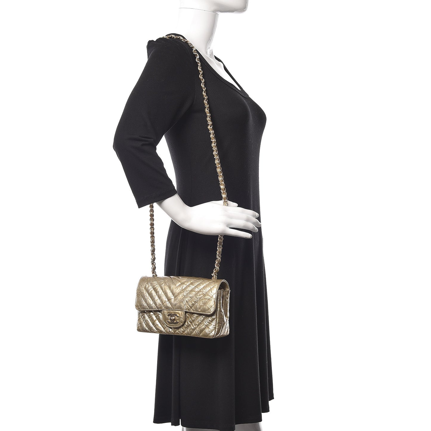 Patent Metallic Crumpled Calfskin Chevron Quilted Mini Rectangular Flap Gold