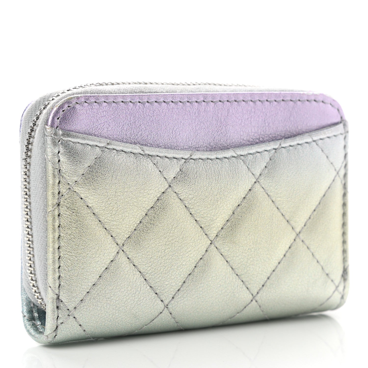 Chanel Gradient Metallic Calfskin Quilted Zip Around Coin Purse Wallet Silver Blue Yellow Purple 3 of 10
