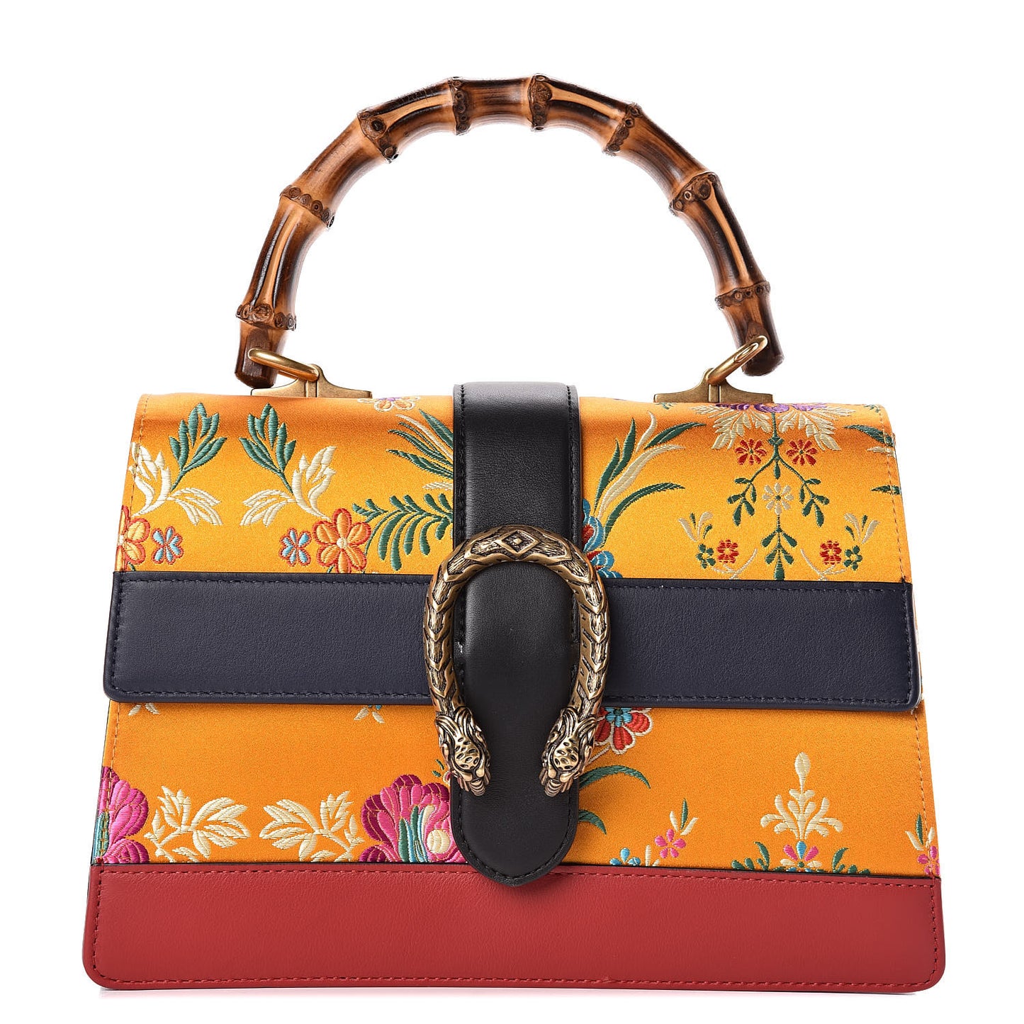 Satin Calfskin Bamboo Web Tokyo Print Medium Dionysus Top Handle Bag Giallo Multicolor Blue Agata Hibiscus Red