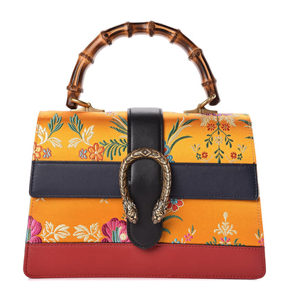 Gucci Satin Calfskin Bamboo Web Tokyo Print Medium Dionysus Top Handle Bag Giallo Multicolor Blue Agata Hibiscus Red 1 of 12