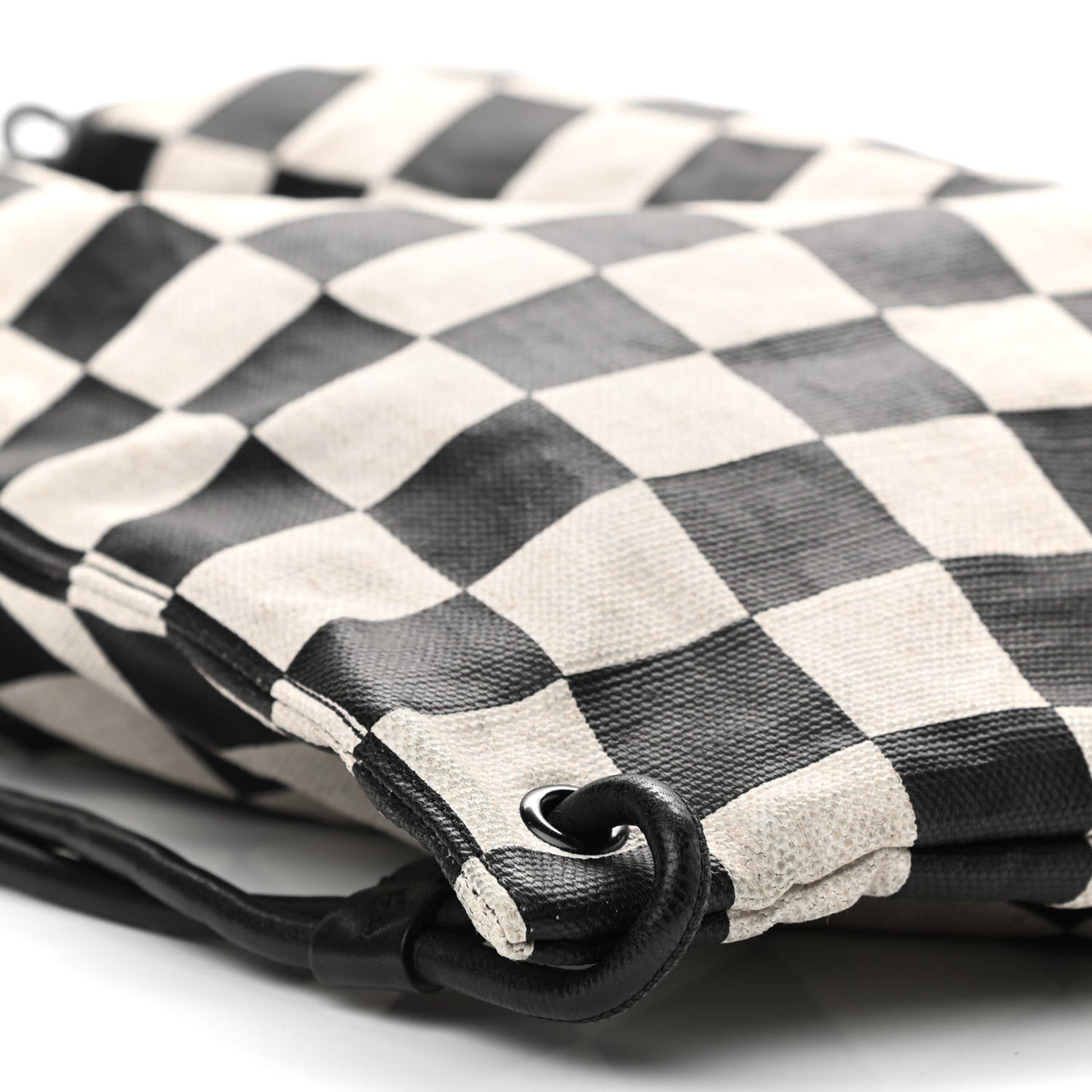 Linen Lambskin Checkered Teddy Drawstring Bag Black White