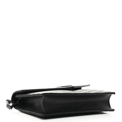 Saint Laurent Grain De Poudre Matelasse Chevron Monogram Monochrome Envelope Chain Wallet Black 4 of 11