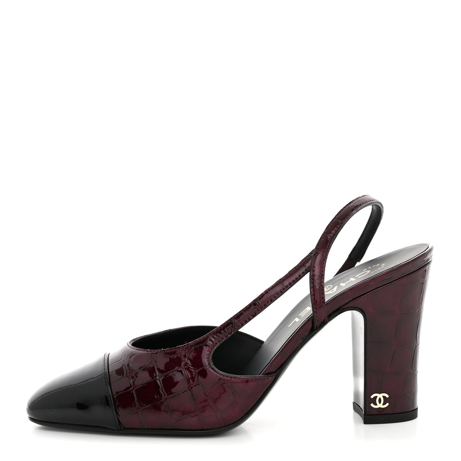 Chanel Patent Calfskin Crocodile Embossed Cap Toe CC Slingback 38 Dark Burgundy Black 1 of 10