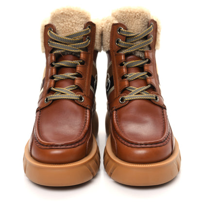 Gucci Quebec Wool Calfskin Web Womens Interlocking G Lace Up Combat Boots 37 Cuir Mystic White Ebony Beige 2 of 8