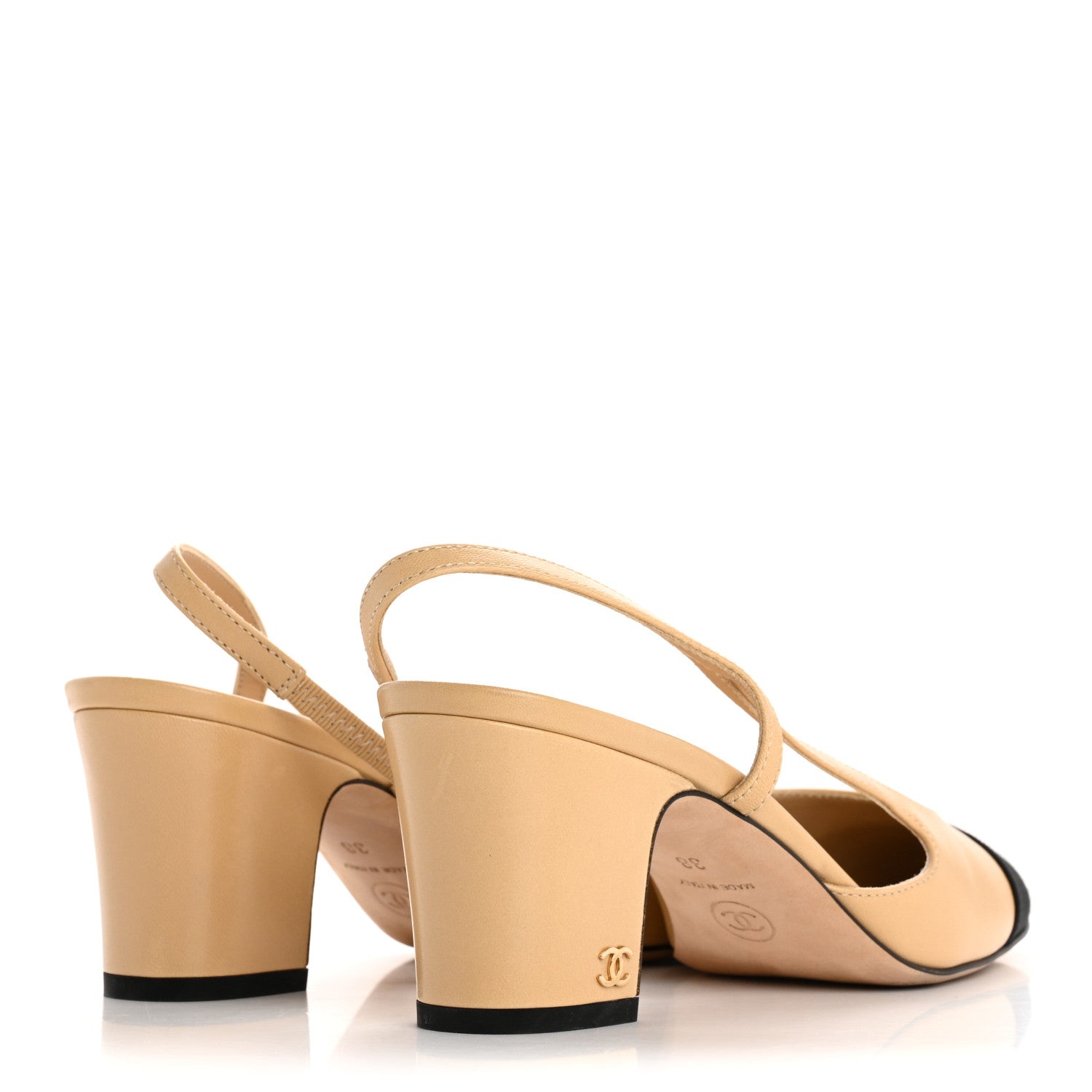 Chanel Goatskin Grosgrain Cap Toe CC Slingback Pumps 38 Beige Black 5 of 12
