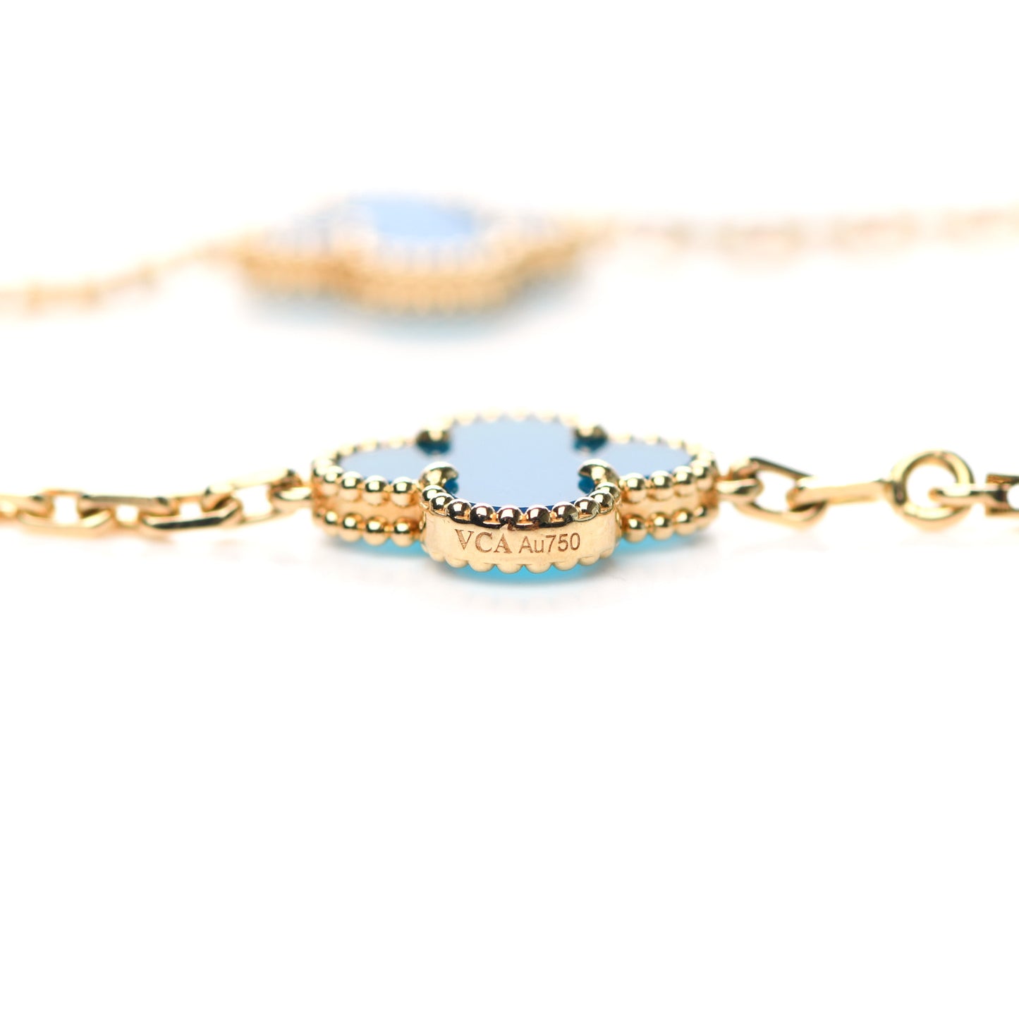 18K Yellow Gold Blue Agate 10 Motifs Vintage Alhambra Necklace