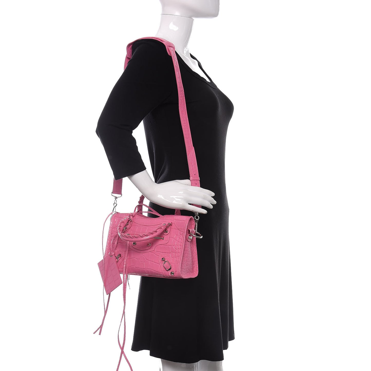 Shiny Supple Calfskin Crocodile Embossed Classic Silver Hardware Mini City Baby Pink
