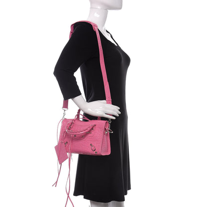 Balenciaga Shiny Supple Calfskin Crocodile Embossed Classic Silver Hardware Mini City Baby Pink 2 of 11