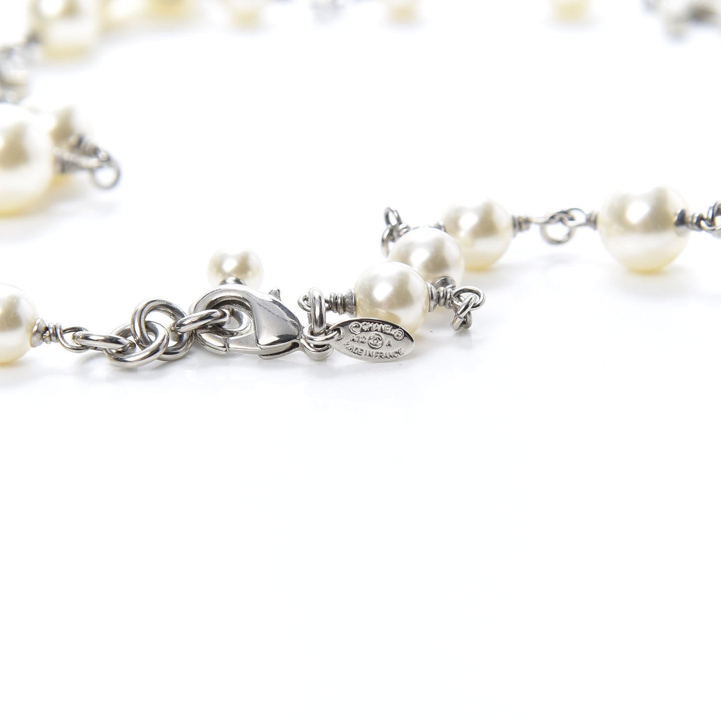 Graduated Pearl Crystal CC Long Necklace Silver