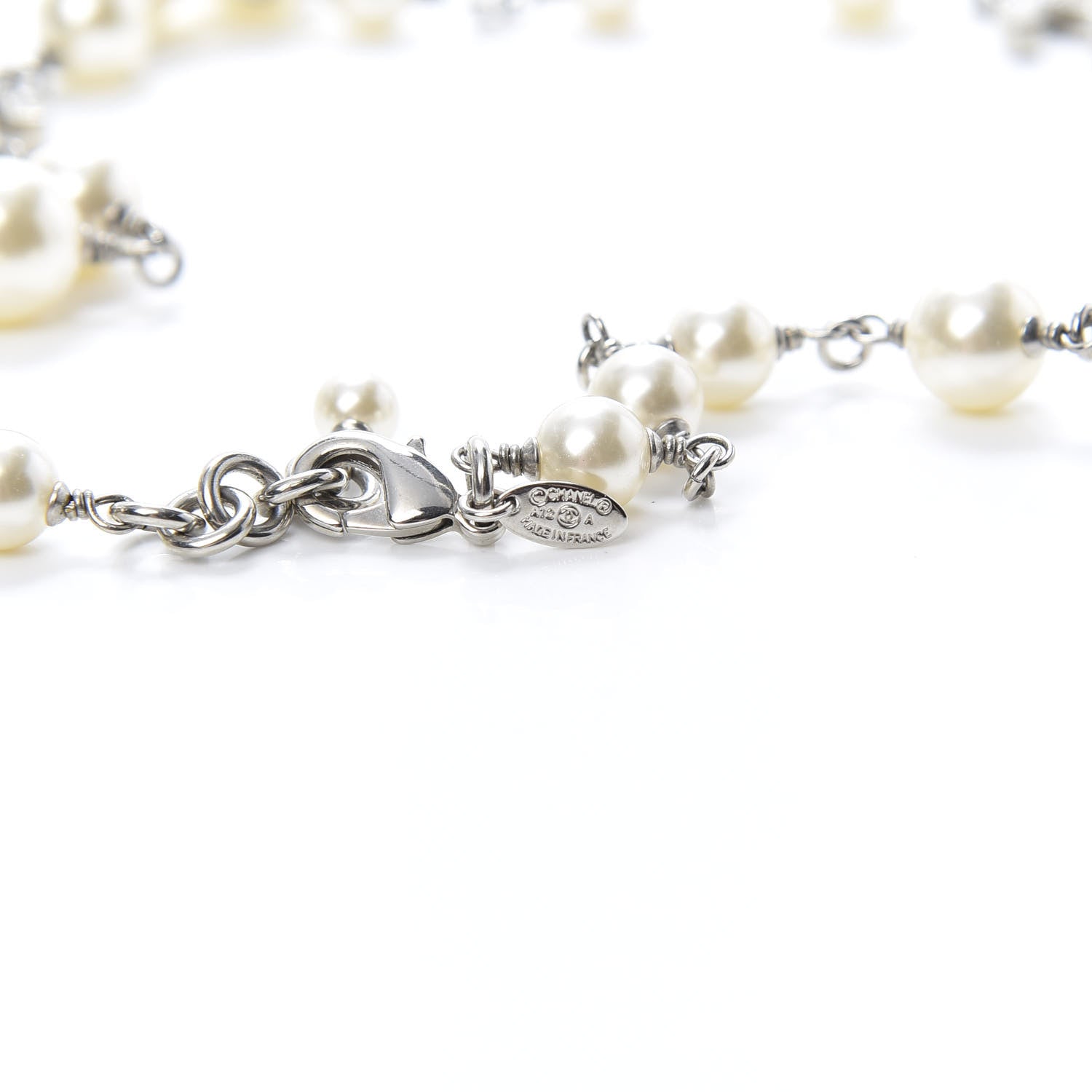 Chanel Graduated Pearl Crystal CC Long Necklace Silver 4 of 4