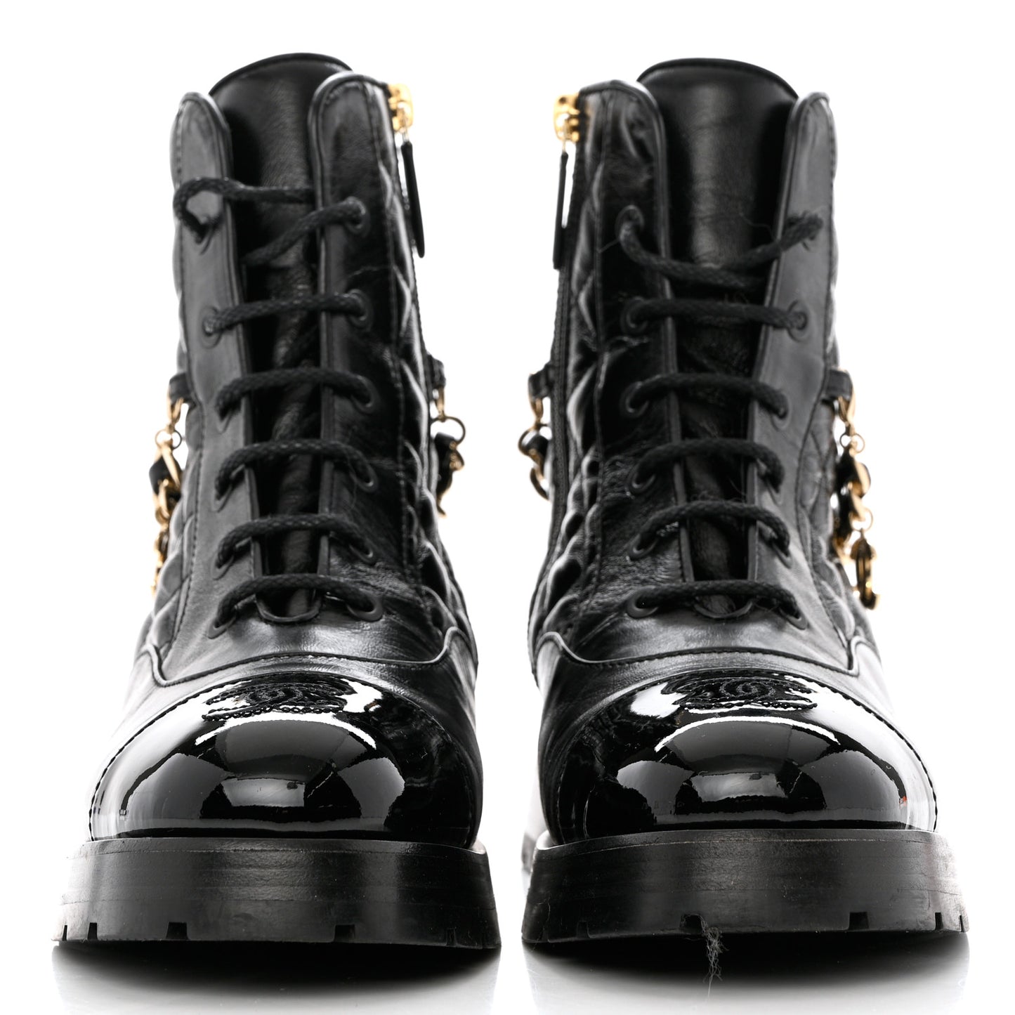 Shiny Calfskin Patent Quilted Chain Lace Up Combat Boots 38.5 Black