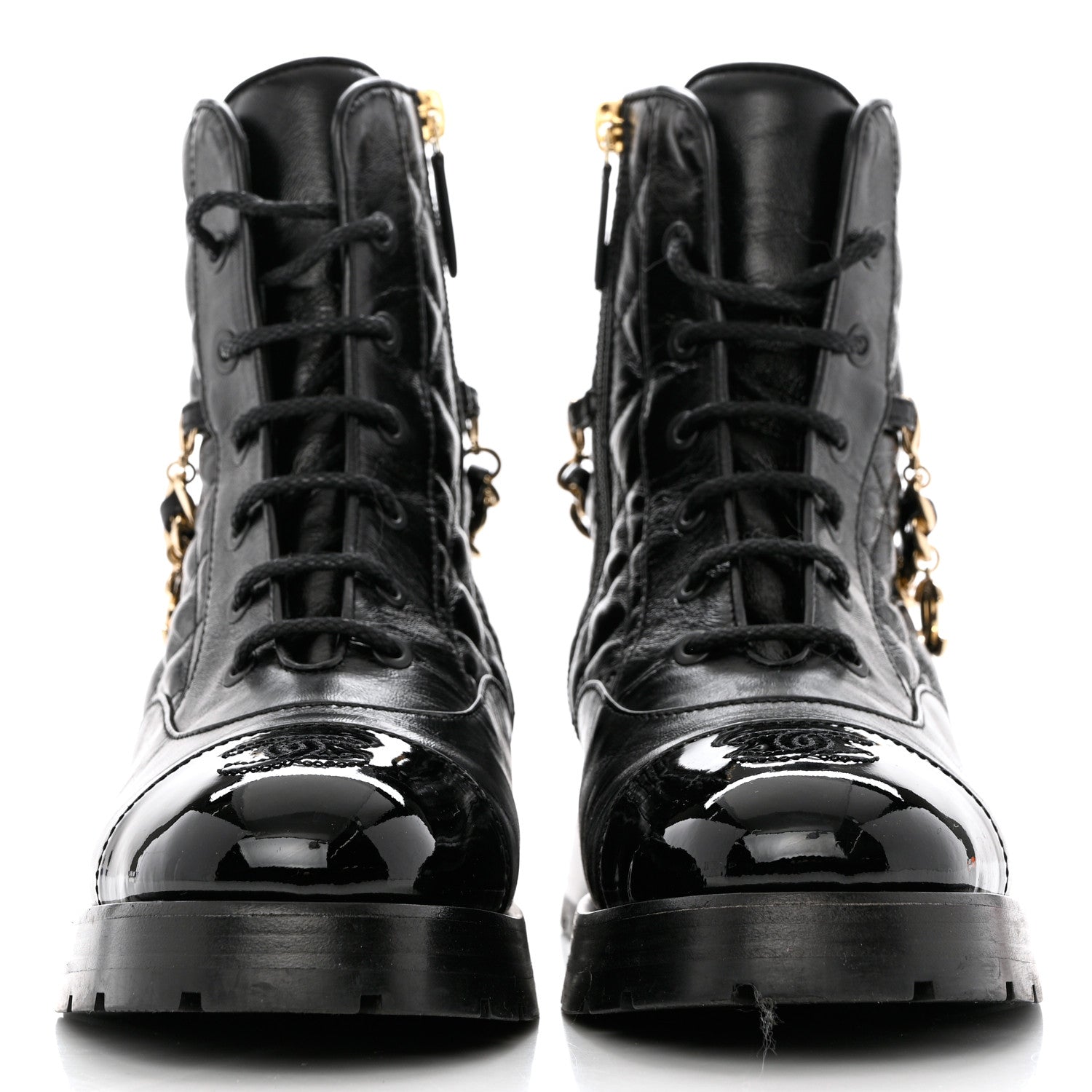 Chanel Shiny Calfskin Patent Quilted Chain Lace Up Combat Boots 38.5 Black 2 of 11