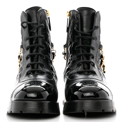 Chanel Shiny Calfskin Patent Quilted Chain Lace Up Combat Boots 38.5 Black 2 of 11