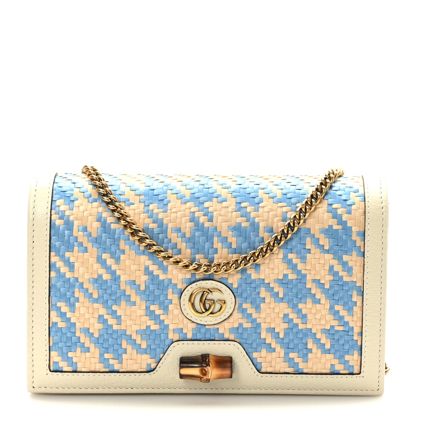 Polished Raffia Textured Dollar Calfskin Houndstooth Mini Diana Chain Bag Natural Light Blue Mystic White