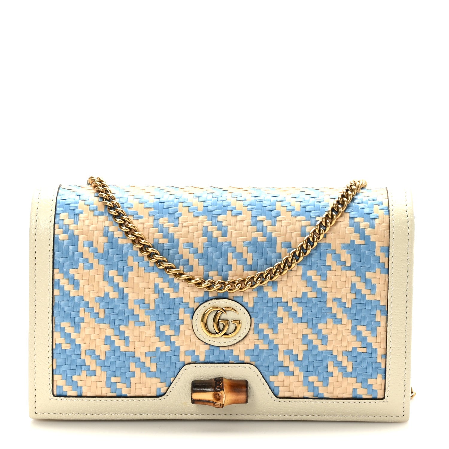 Gucci Polished Raffia Textured Dollar Calfskin Houndstooth Mini Diana Chain Bag Natural Light Blue Mystic White 1 of 10