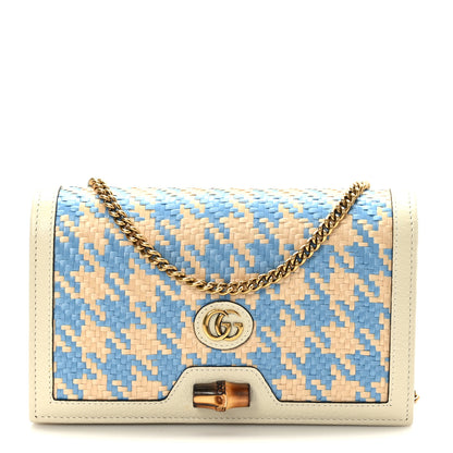Gucci Polished Raffia Textured Dollar Calfskin Houndstooth Mini Diana Chain Bag Natural Light Blue Mystic White 1 of 10