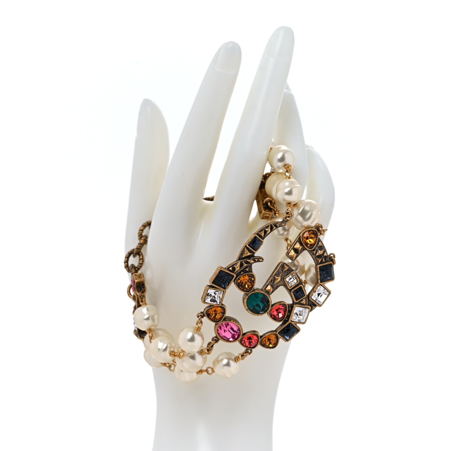 Metal Crystal Pearl Double G Bracelet Aged Gold Multicolor