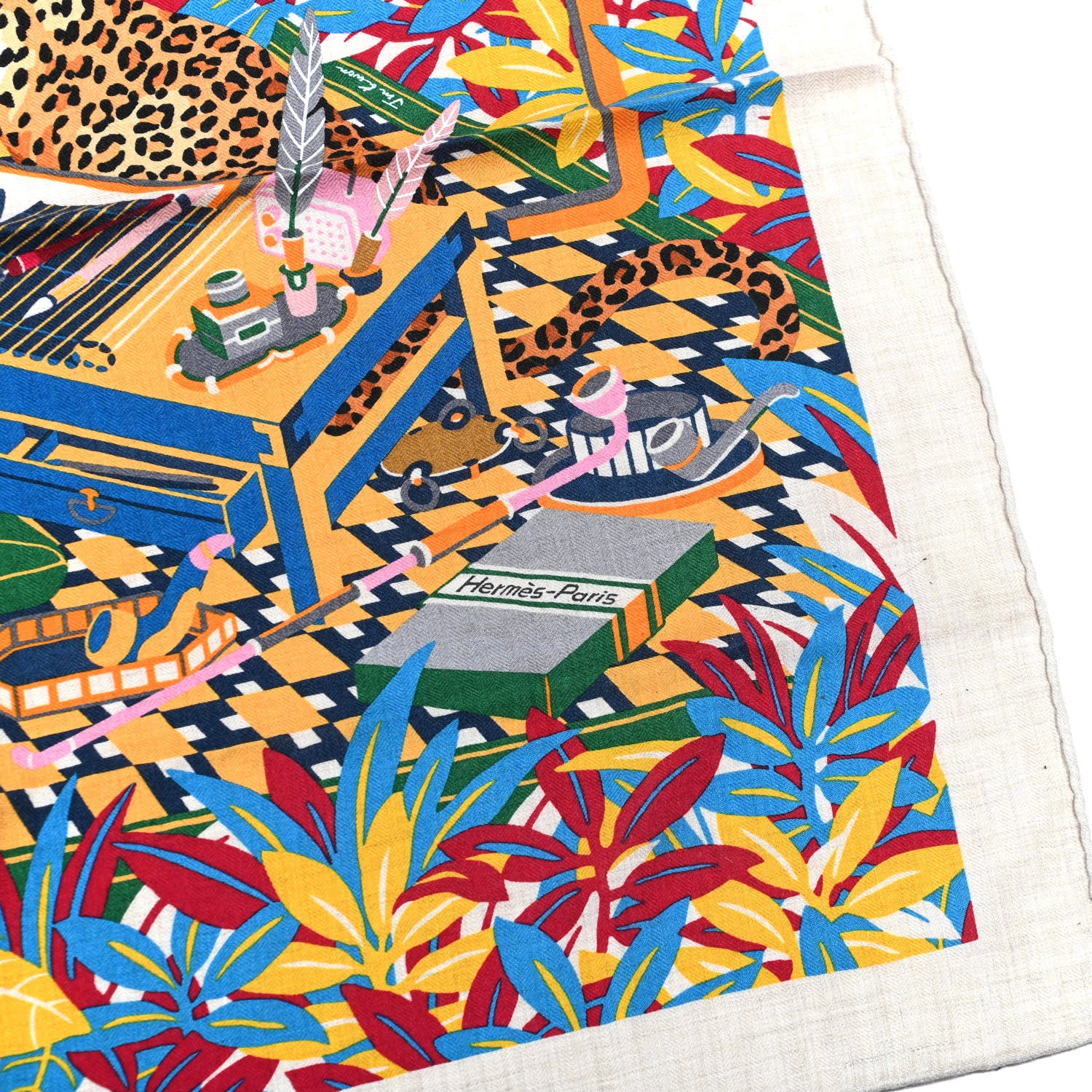 Hermes Cashmere Silk Les Douze Leopards Shawl 140 Naturel Bleu Canard 4 of 6