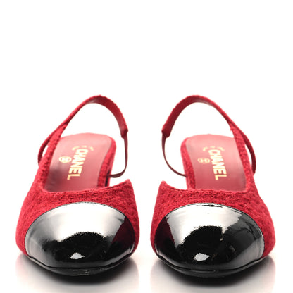 Chanel Tweed Patent Cap Toe CC Slingback Pumps 41 Red Black 3 of 10
