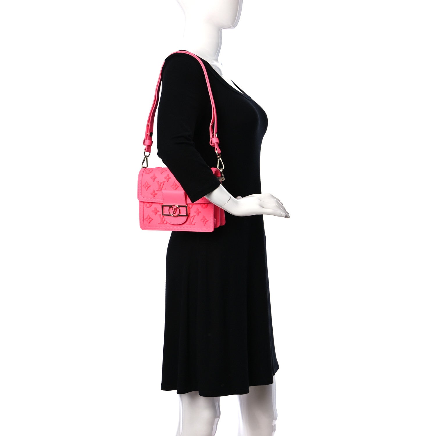 Louis Vuitton Grained Calfskin Tufted Monogram Mini Dauphine Fluo Pink 2 of 10