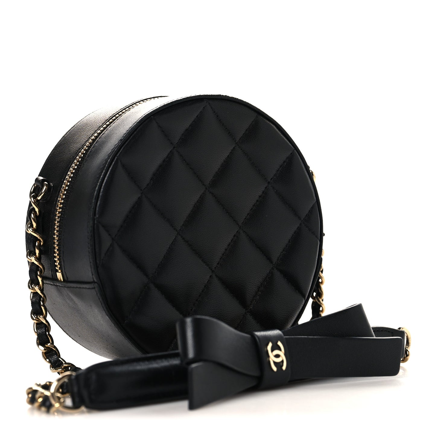 Lambskin Quilted Coco Bow Round Clutch With Chain Black