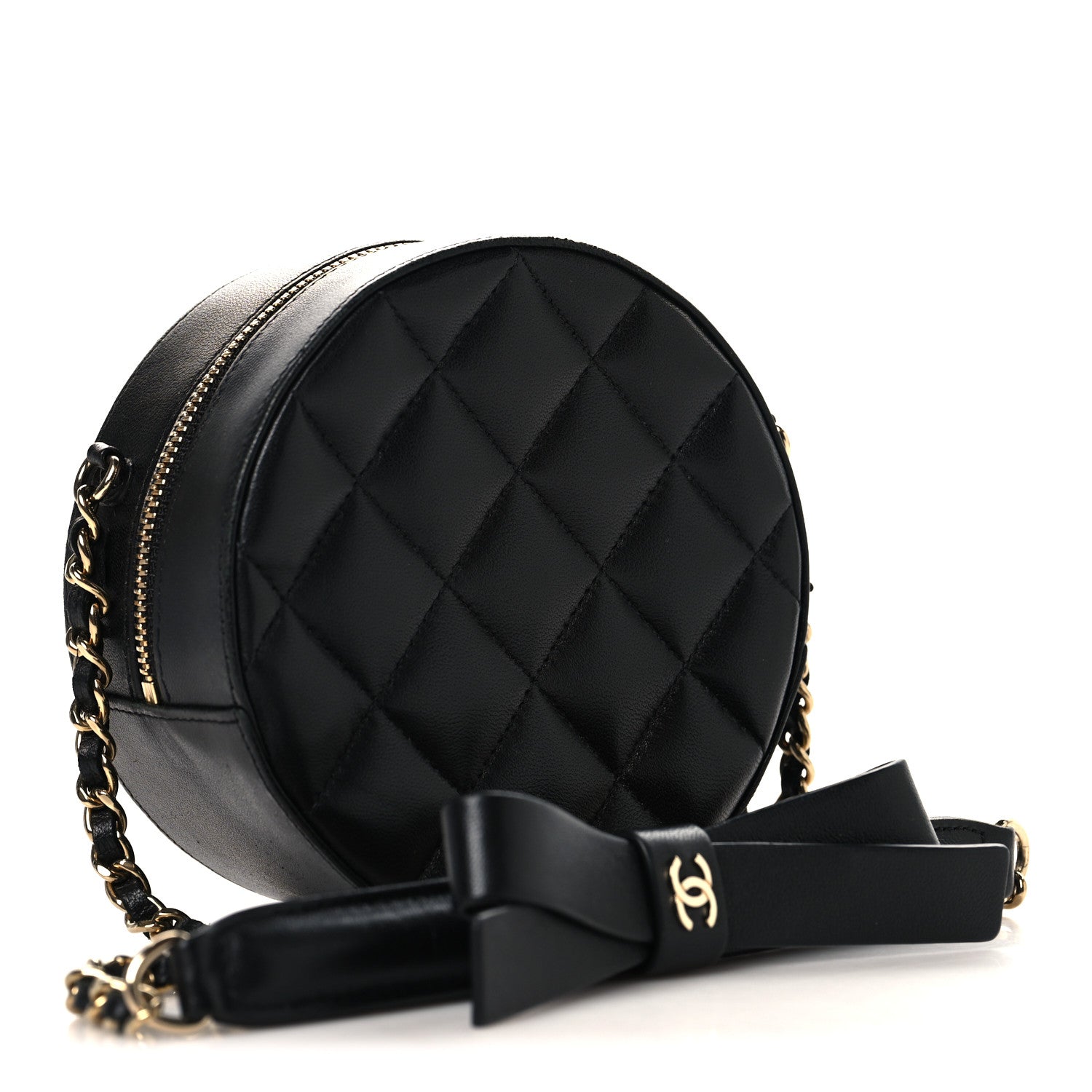 Chanel Lambskin Quilted Coco Bow Round Clutch With Chain Black 3 of 10