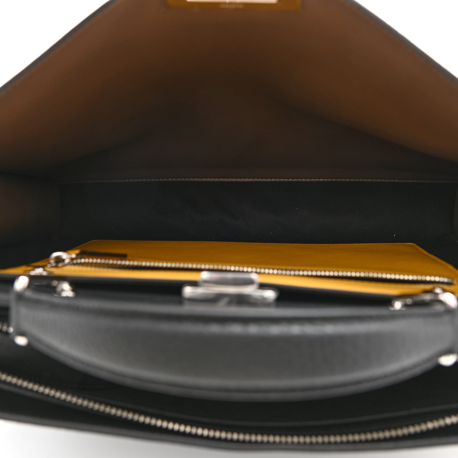 Fendi Cuoio Romano Vitello Cover Glazed Fabric Bi-Color FF 1974 Medium Peekaboo I SEE U Satchel Black Mimosa Tobacco Moro 4 of 7