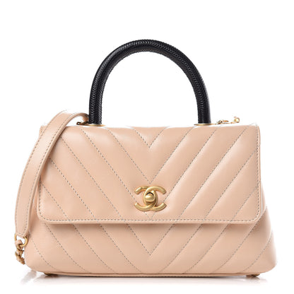 Chanel Calfskin Lizard Chevron Quilted Mini Coco Handle Flap Beige 1 of 11
