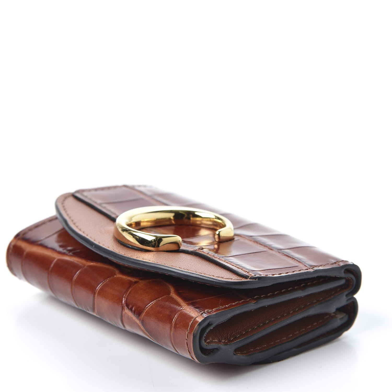 Chloe Crocodile Embossed Shiny Calfskin Small C Tri-Fold Wallet Chestnut Brown 6 of 10