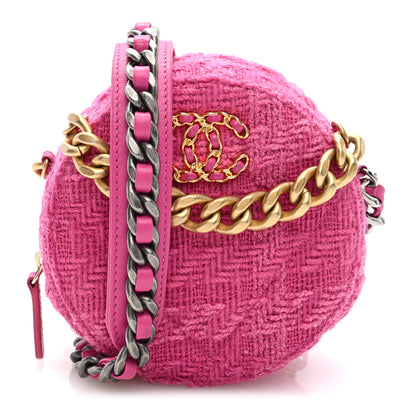 Chanel Wool Tweed Lambskin Quilted Chanel 19 Round Clutch With Chain and Coin Purse Fuchsia 1 of 10