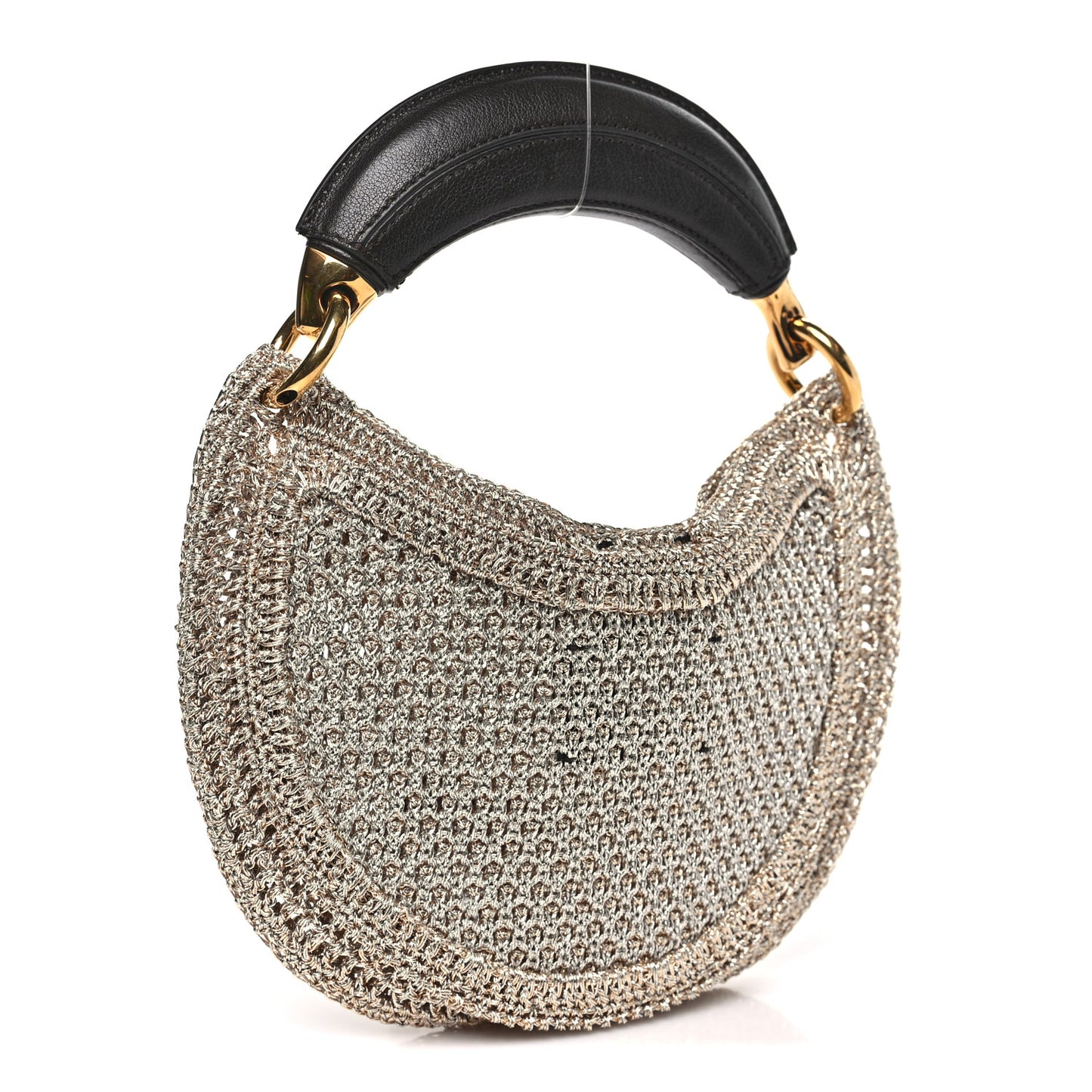 Metallic Crochet Calfskin Mini Summer Banana Hobo Silver