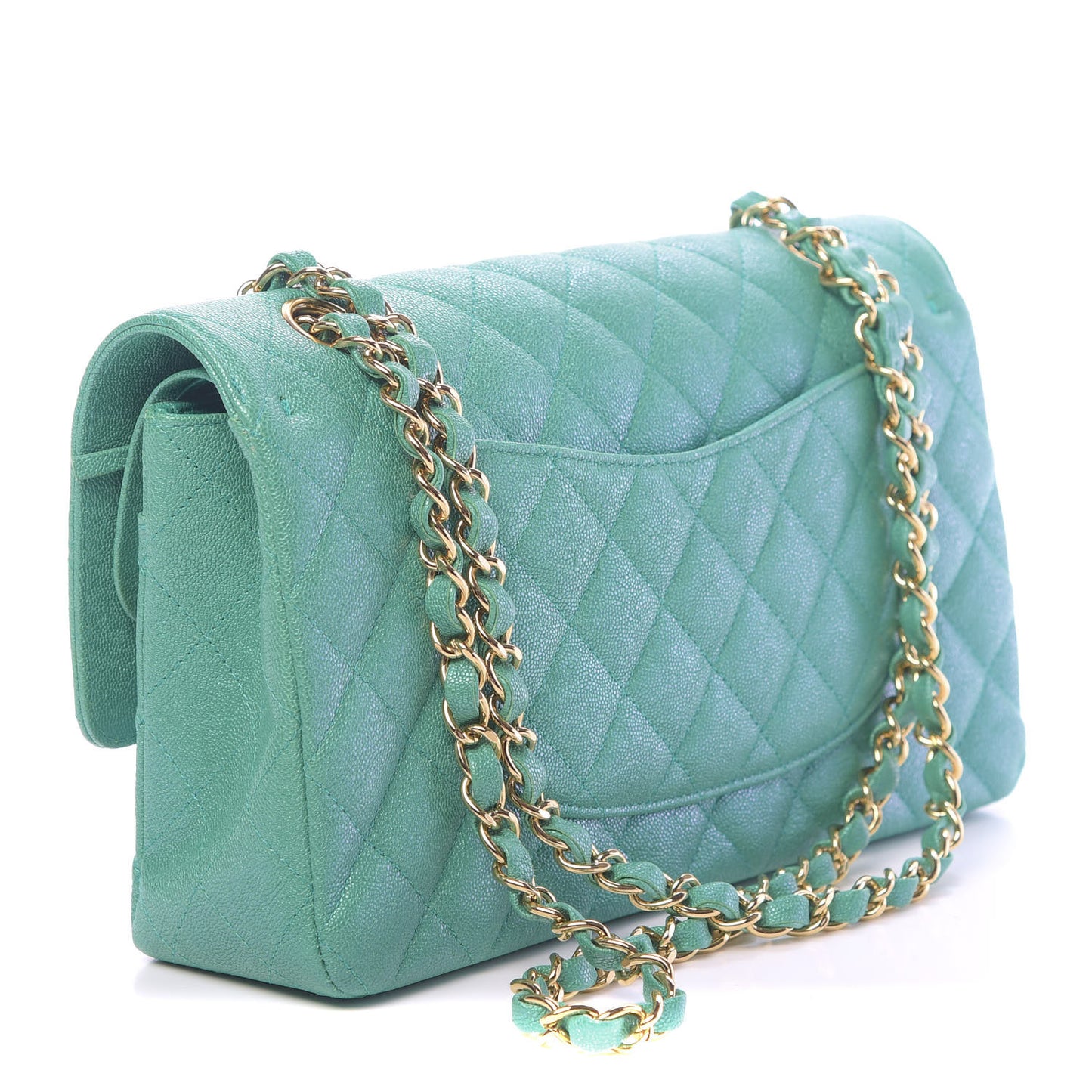 Iridescent Caviar Quilted Medium Double Flap Green