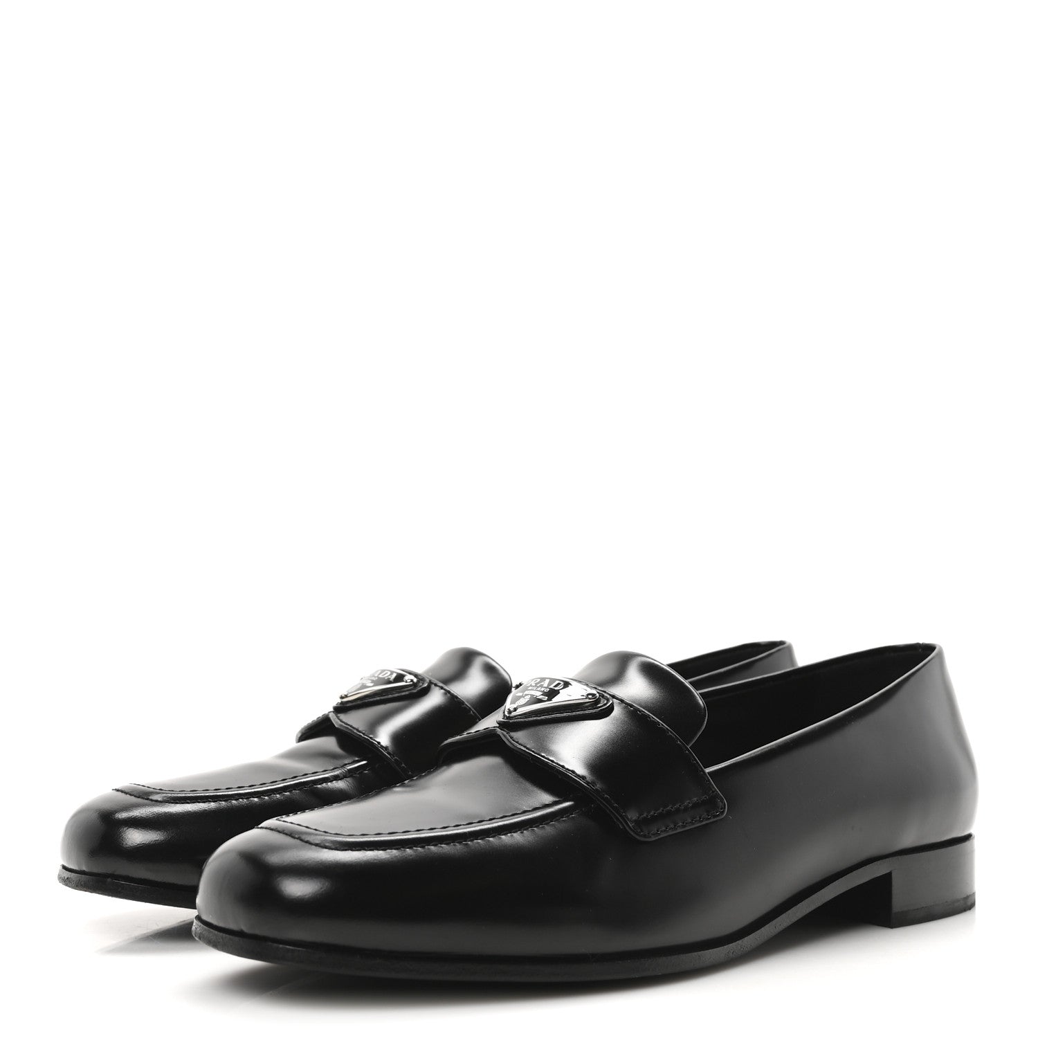 Prada Brushed Calfskin Metal Triangle Logo 20mm Loafers 36.5 Black