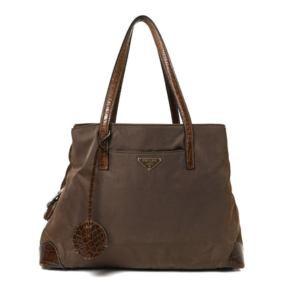 Prada Tessuto Nylon Calfskin Crocodile Embossed Tote Antilope Tabacco 1 of 10