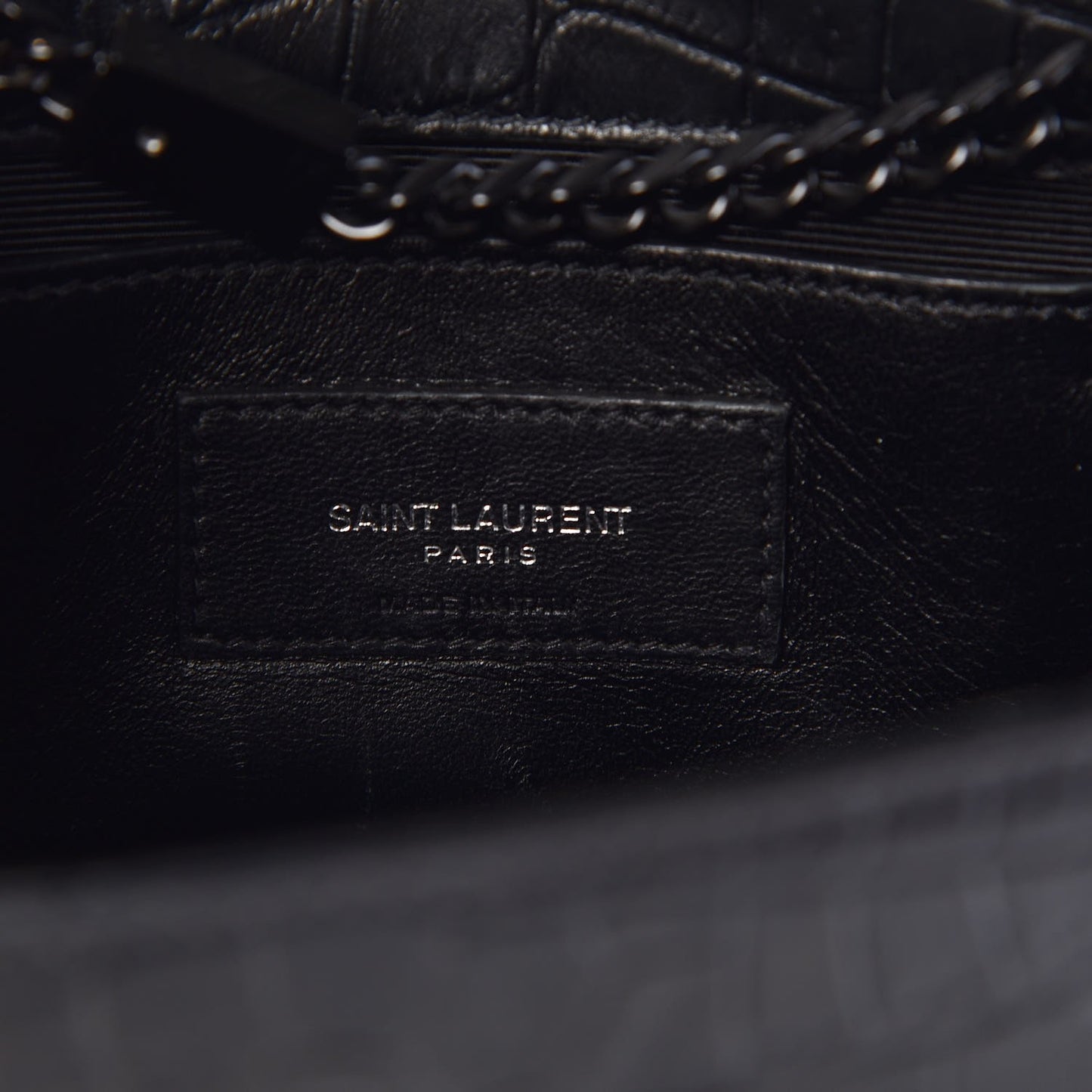 Calfskin Crocodile Embossed Medium Classic Monogram Kate Satchel Black