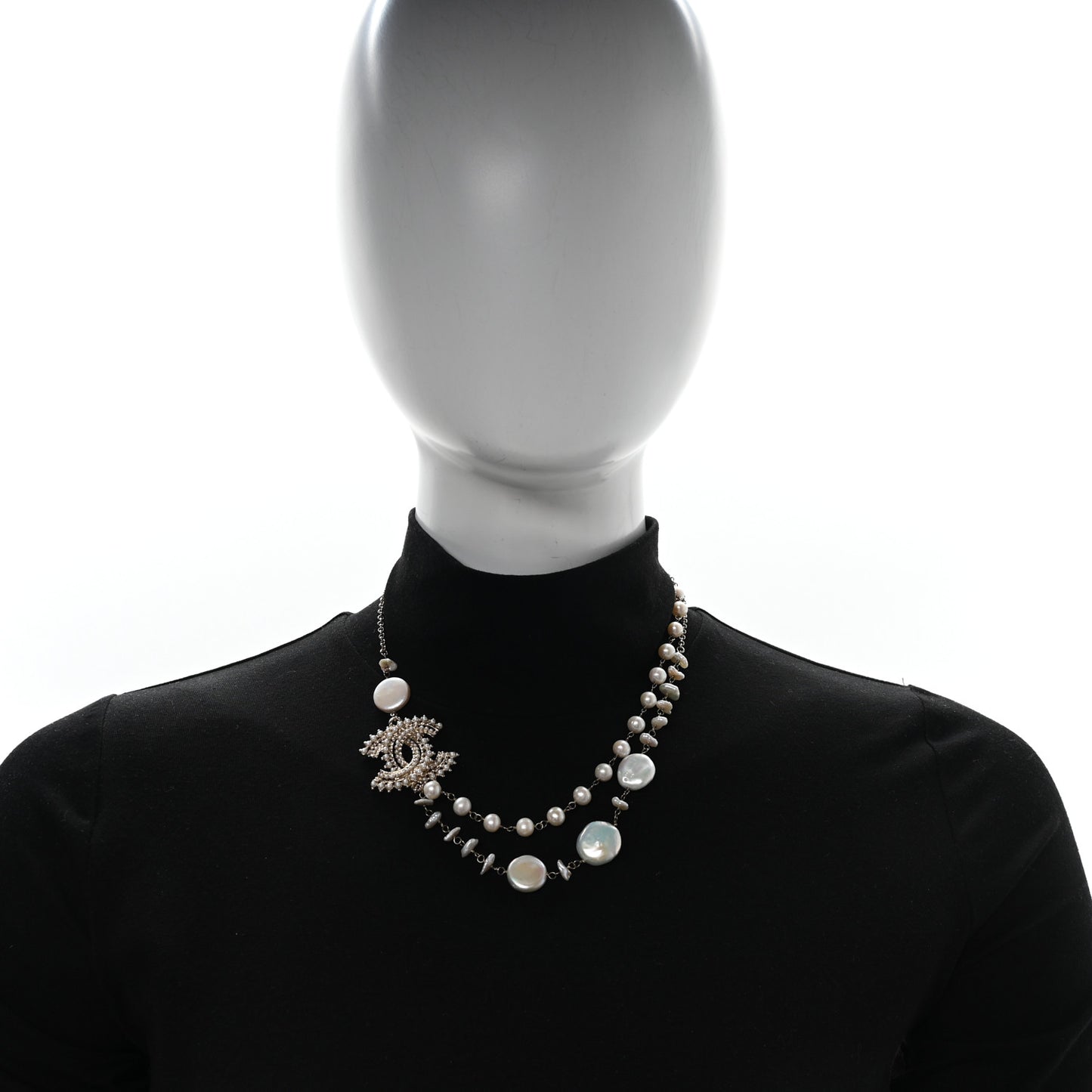 Pearl CC Double Strand Choker Necklace Gold Pearly White