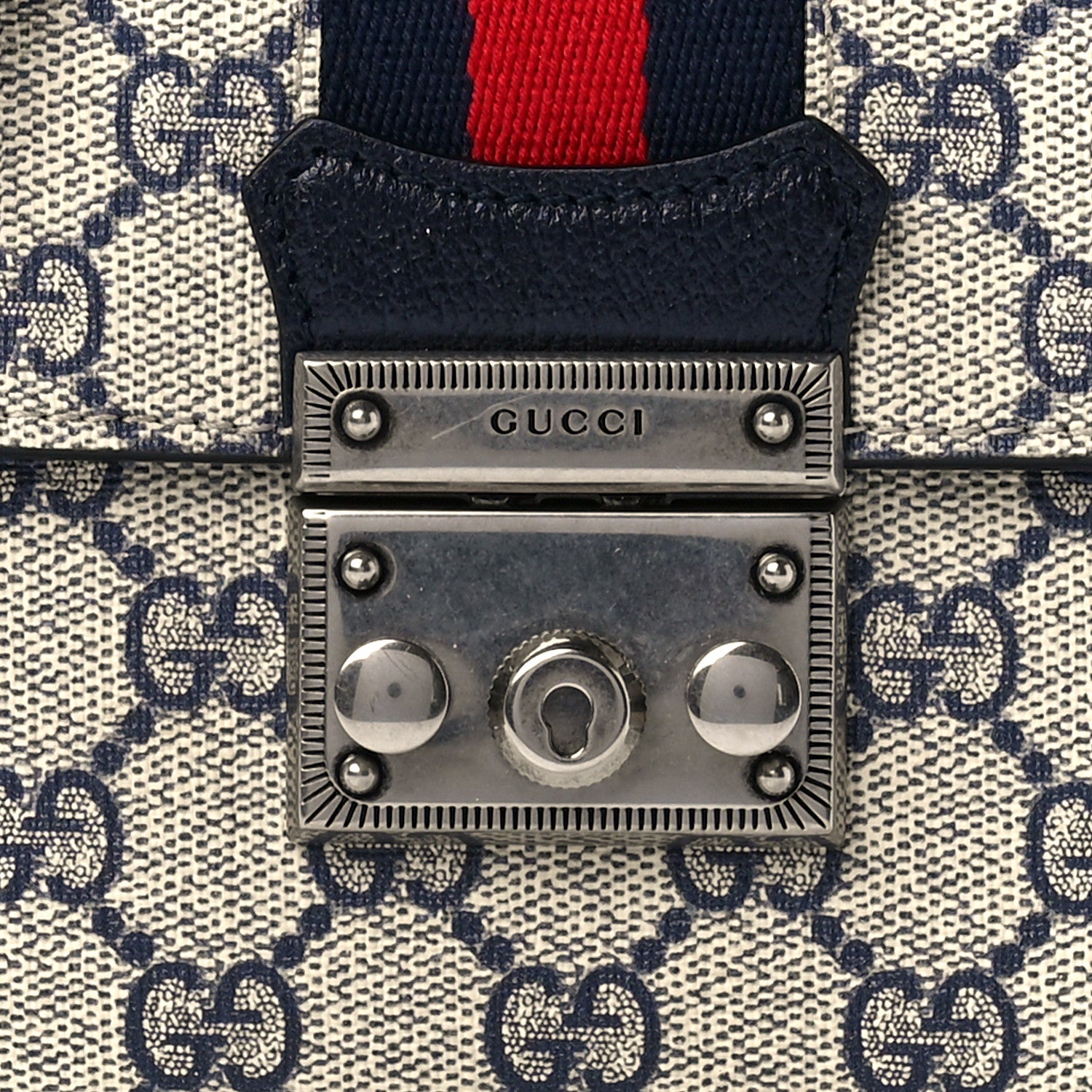 Gucci GG Supreme Monogram Textured Dollar Calfskin Web Mini Padlock Top Handle Shoulder Bag Beige Blue 8 of 12
