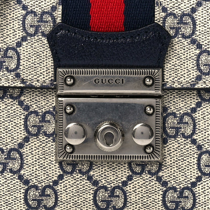 Gucci GG Supreme Monogram Textured Dollar Calfskin Web Mini Padlock Top Handle Shoulder Bag Beige Blue 8 of 12
