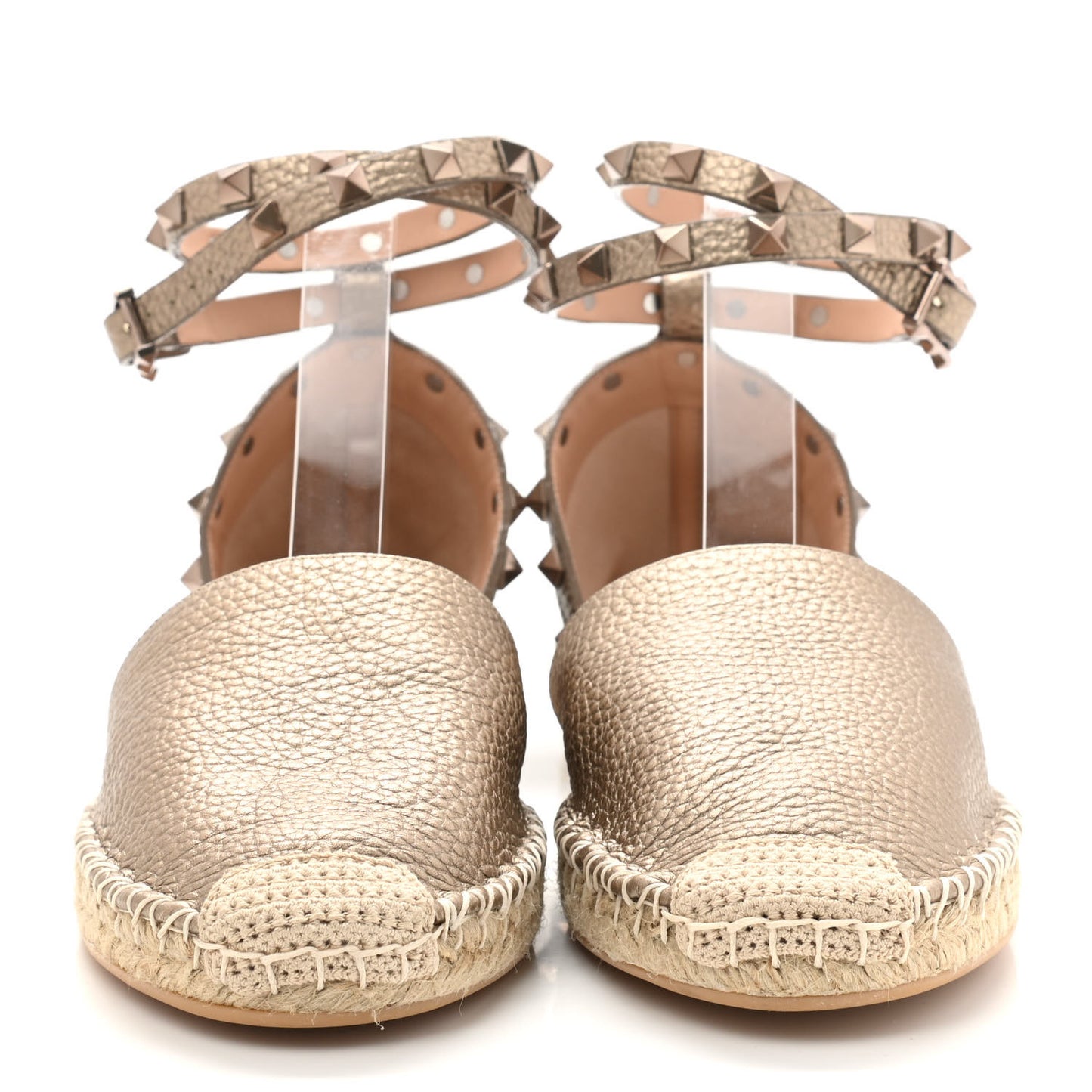 Metallic Grained Calfskin Rockstud Ankle Wrap Espadrille 20mm Flats 39 Skin Natural