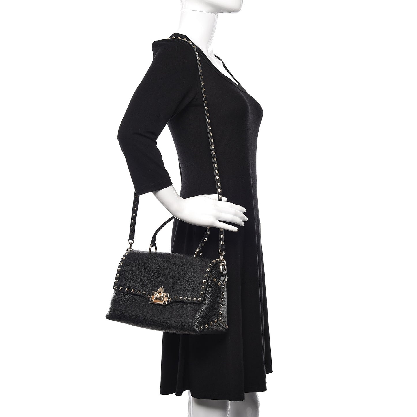 Pebbled Calfskin Rockstud Single Handle Flap Bag Black