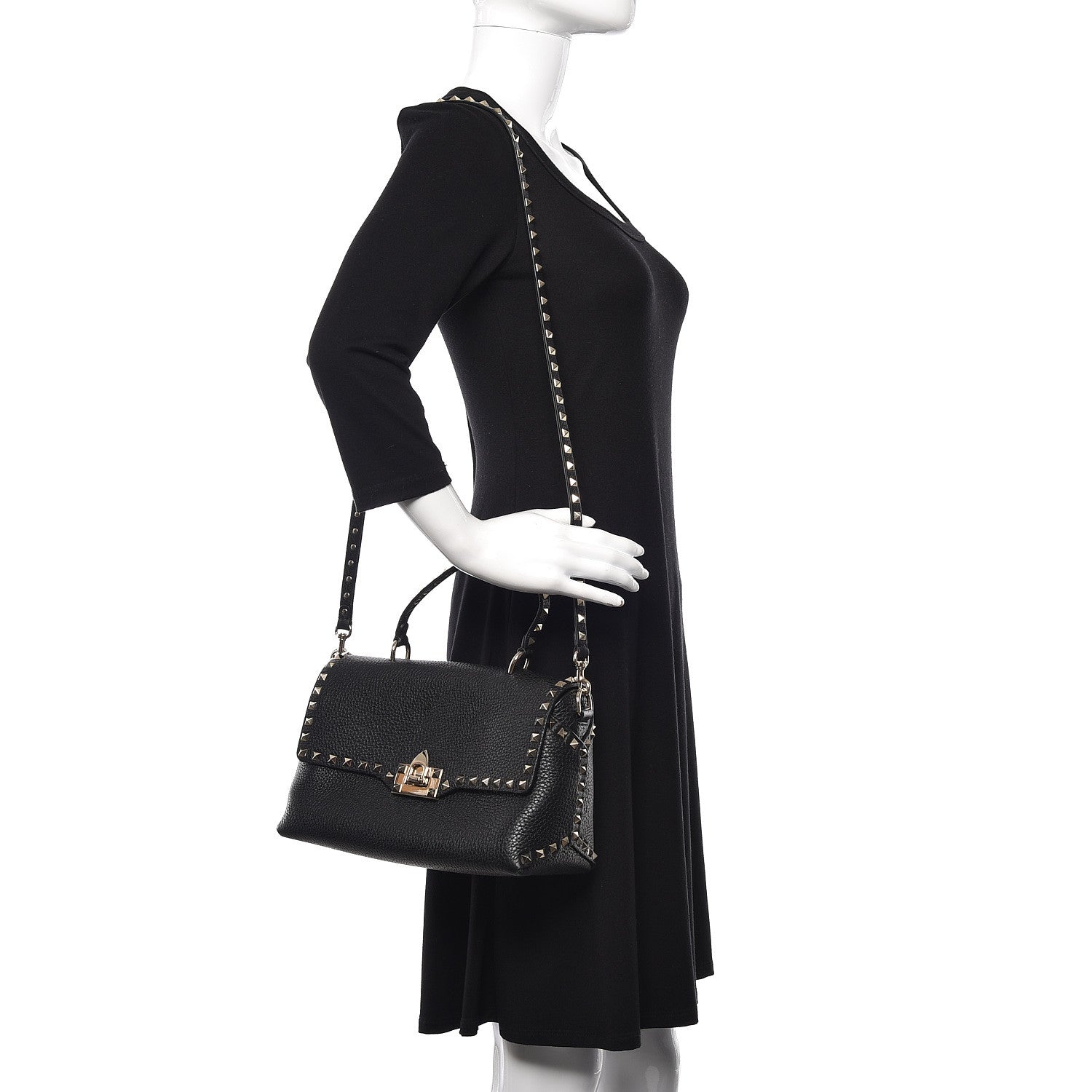 Valentino Garavani Pebbled Calfskin Rockstud Single Handle Flap Bag Black 2 of 9