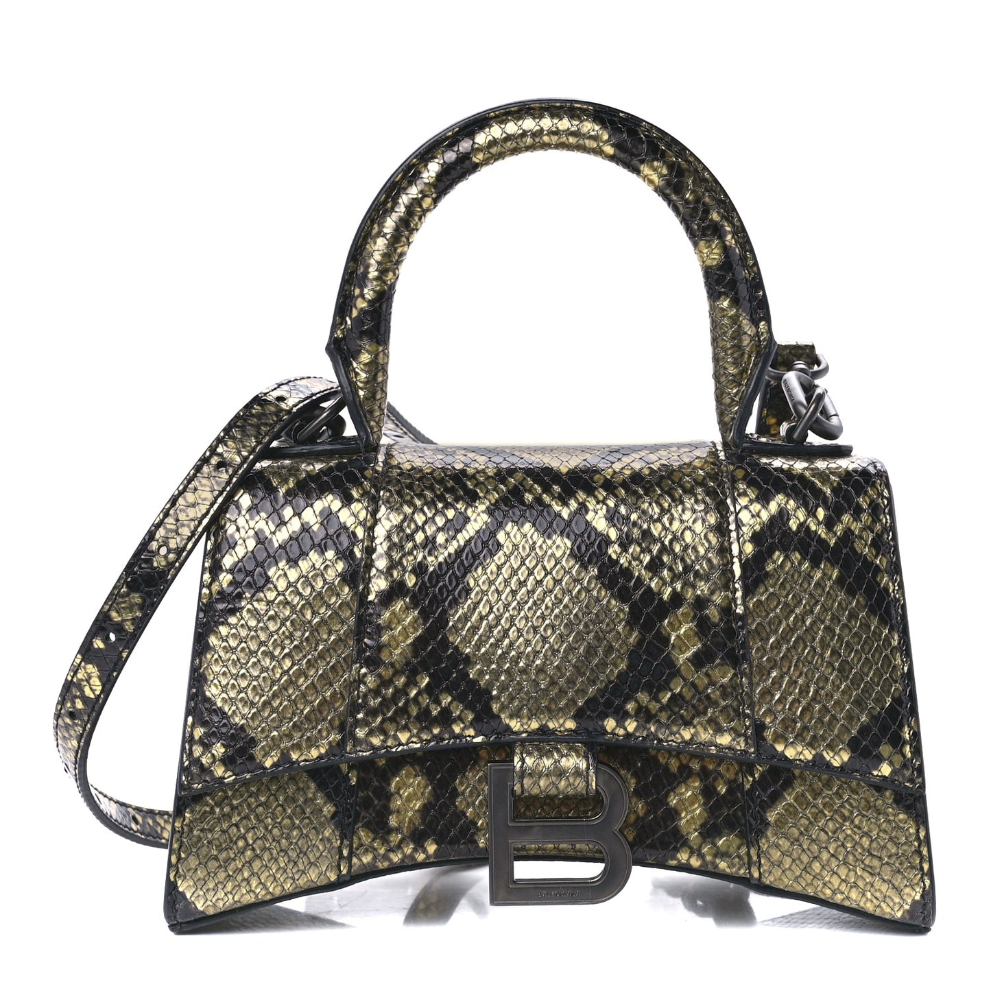 Shiny Calfskin Snakeskin Embossed Hourglass Top Handle Bag XS Gold Black