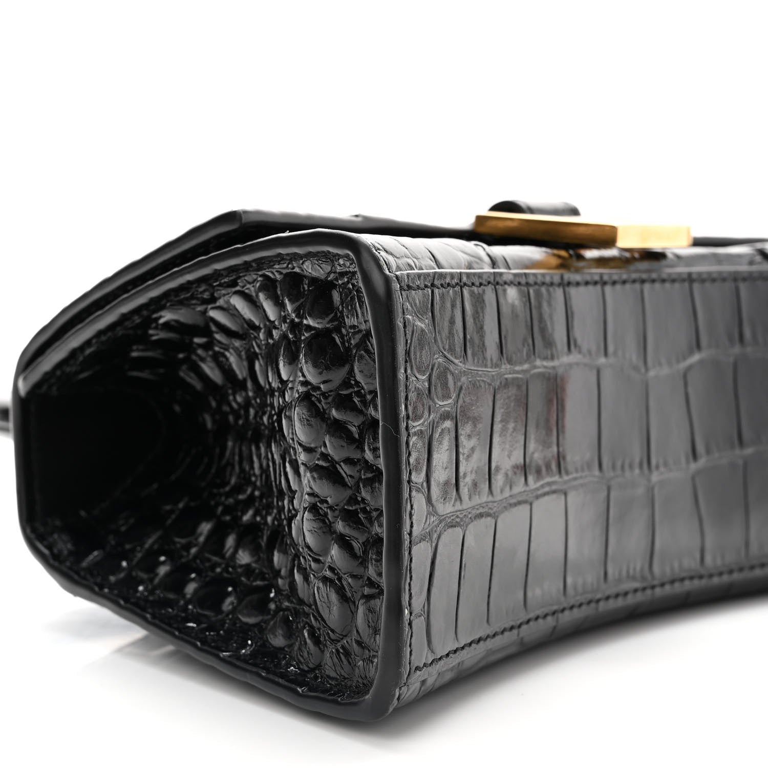 Balenciaga Shiny Calfskin Crocodile Embossed Hourglass Top Handle Bag XS Black 8 of 9