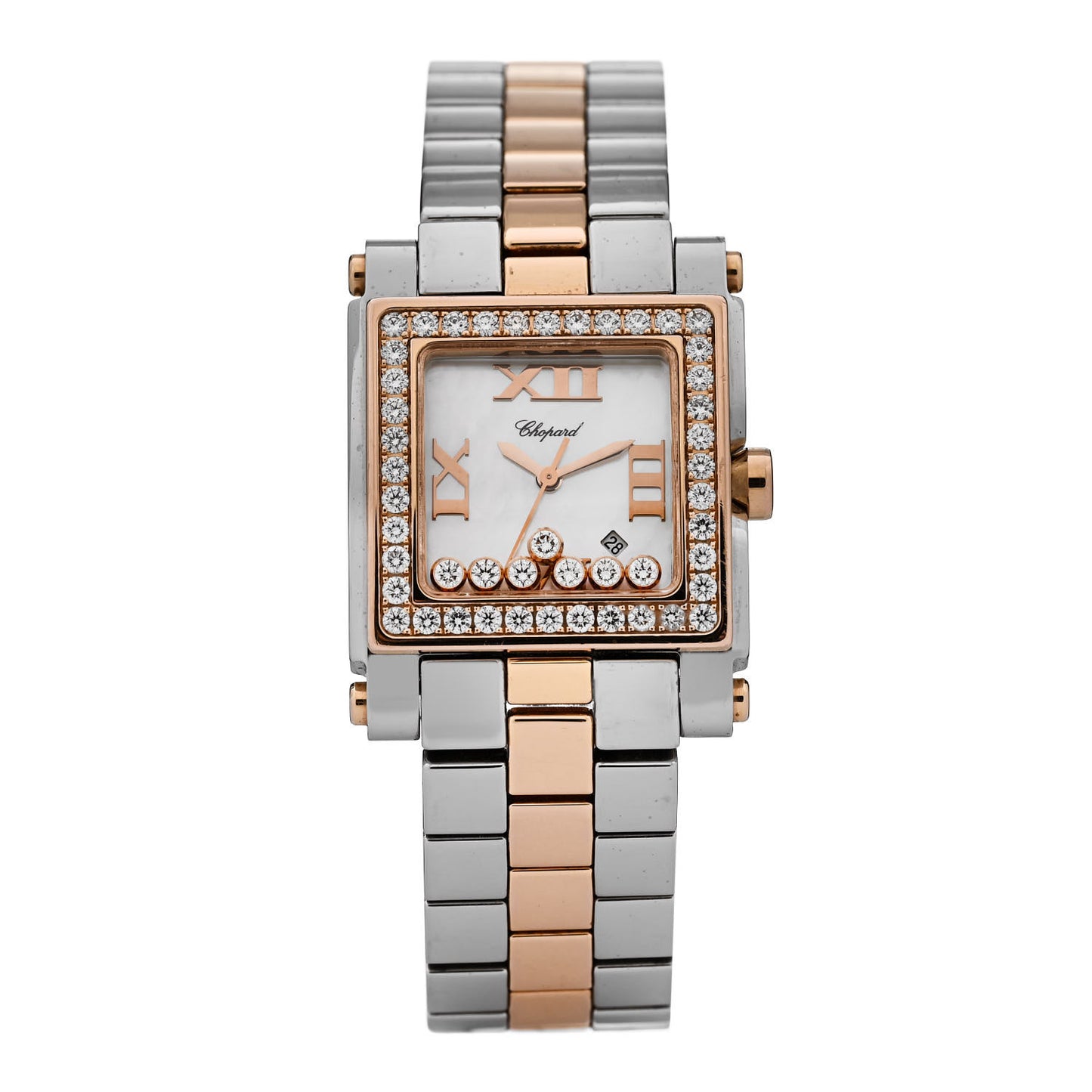 Stainless Steel 18K Rose Gold 7 Diamond Bezel Mother of Pearl 27mm Happy Sport Quartz Watch