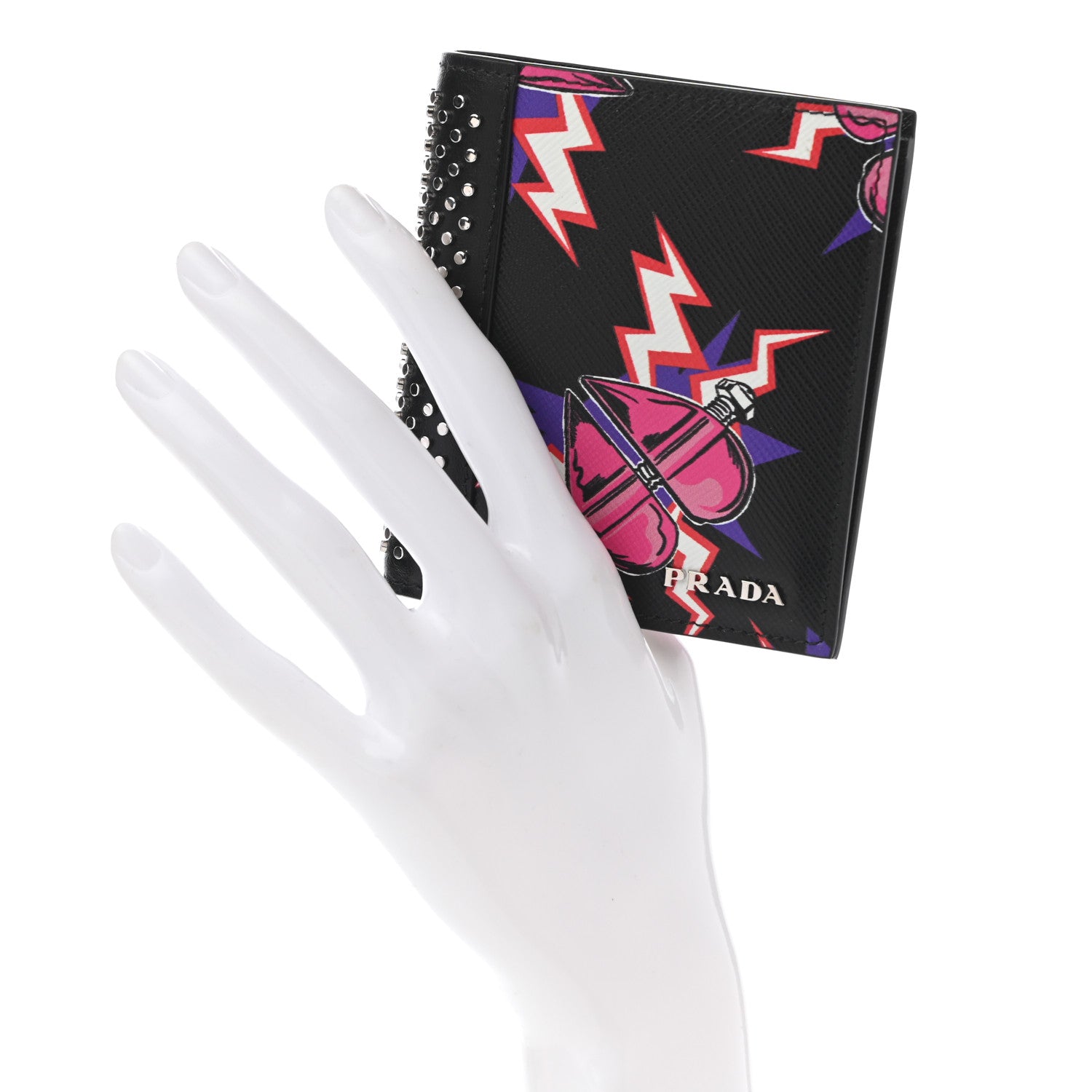 Prada X UNIVERSAL STUDIOS Saffiano Frankenstein Heart Studded Bi-Fold Wallet Fuxia 2 of 7