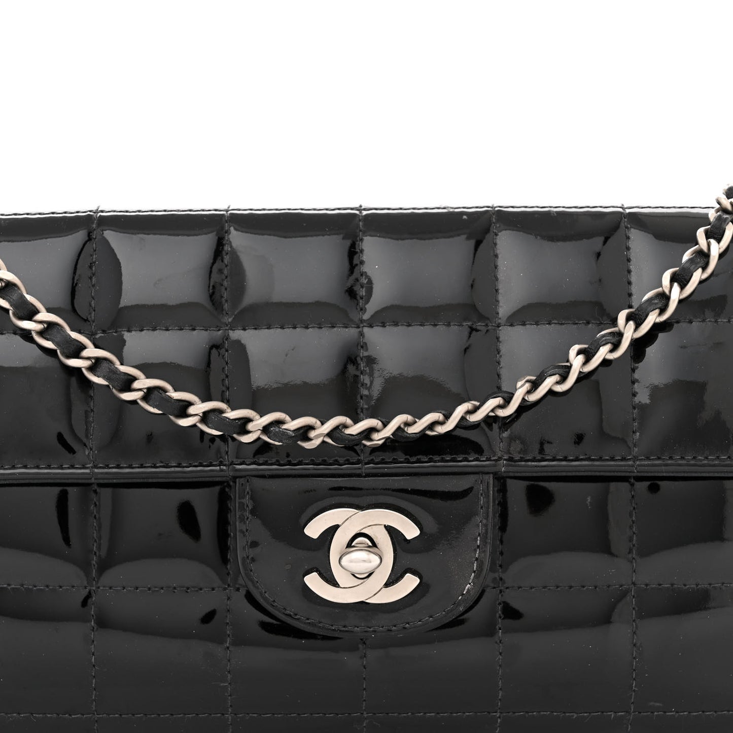 Patent Quilted East West Chocolate Bar Flap Black