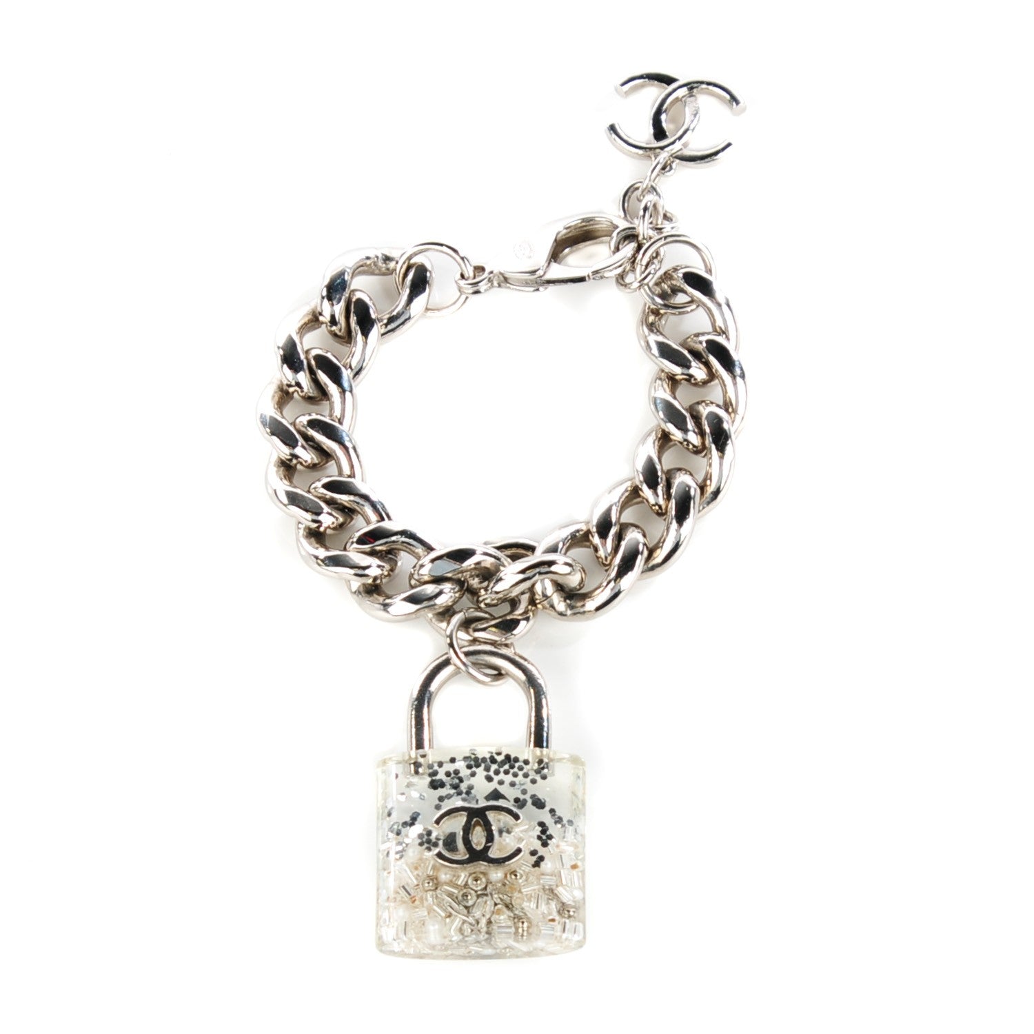 Chanel Plexiglass Pearl CC Padlock Bracelet Silver 1 of 6