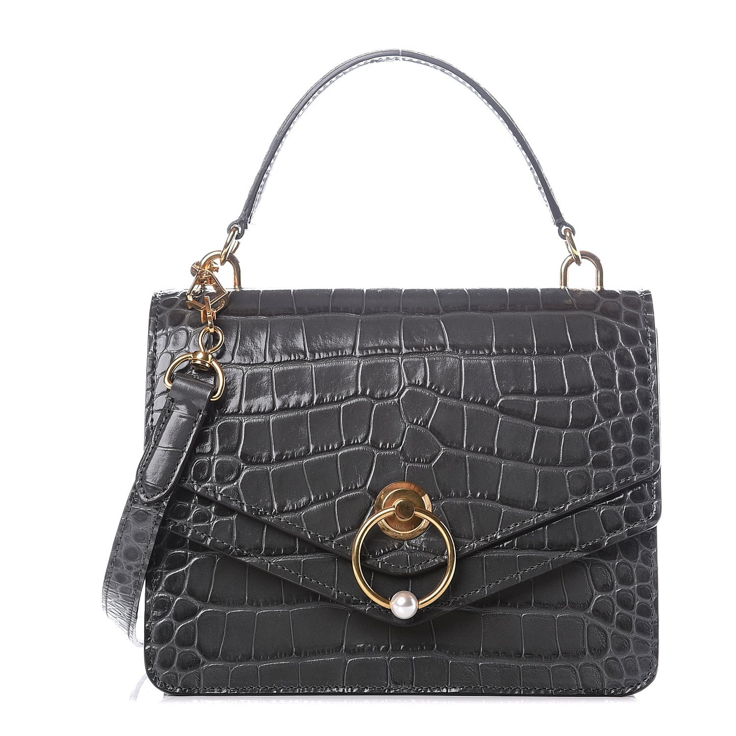 Calfskin Crocodile Embossed Medium Harlow Satchel Dark Grey