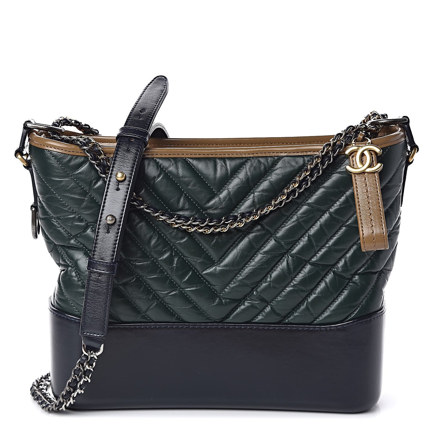 Aged Calfskin Chevron Quilted Medium Gabrielle Hobo Green Black