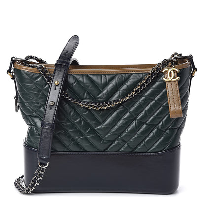 Chanel Aged Calfskin Chevron Quilted Medium Gabrielle Hobo Green Black 1 of 10